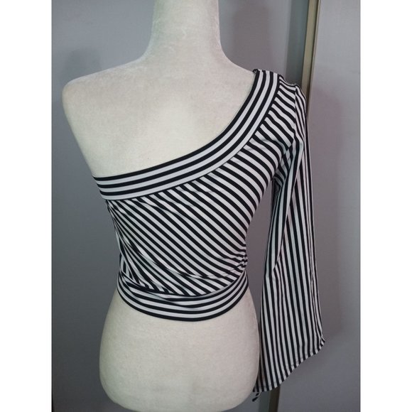 Helium Large Black White Strip One Shoulder Classic Going Out Occasion Crop Top - Picture 3 of 4